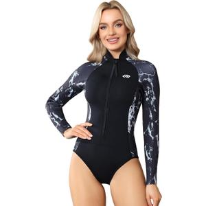Wetsuit Women 3mm Neoprene, Shorty Wet Suit for Women Cold Water Swimming Long Sleeve Diving Suits with Front Zipper UV Protection for Swimming Diving Snorkeling (Small, Sea Wave)