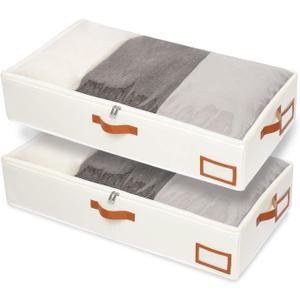 Yawinhe Under Bed Storage, 2 Pack Closet Organizers, Collapsible Container Bags, with Sorting Card Slot and 4 Leather Handles, for Blanket, Bedding, 23.6''Lx11.8''Wx6''H, Beige