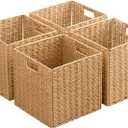 Foldable Storage Baskets with Handles Paper Rope Storage Baskets Rectangle Collapsible Hand Woven Storage Cubes Bins for Organizing Shelves Living Room Bedroom Pantry (4, 13'' x 13'' x 13'') (Natural)