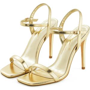 GENSHUO Women's Square Toe Strappy Stiletto Heels,4 Inch Open Toe Heel Sandals Ankle Strap Buckle Sexy High Heeled Prom Party Wedding Daily Wear Dress Shoes (8.5, Gold)
