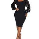 acelyn Women's Sexy Mesh Long Puff Lantern Sleeve Bodycon Dress Square Neck Ribbed Club Party Cocktail Midi Dresses Black S