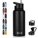 HASLE OUTFITTERS 32 oz Insulated Water Bottle Stainless Steel Double Walled Vacuum Sports Water Bottle with 2 Lids (Straw and Spout Lid) for Gym Camping Hiking(Black,3 pcs)