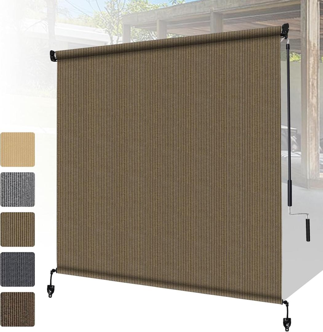 Shade&Beyond Outdoor Roller Shades with Splicing Design, 8' W x 6' H Cordless Patio Roll Up Blinds, Exterior Shade Cloth Roll for Porch, Gazebo, Pergola, Balcony, Coffee Brown, 96"W x 72"H