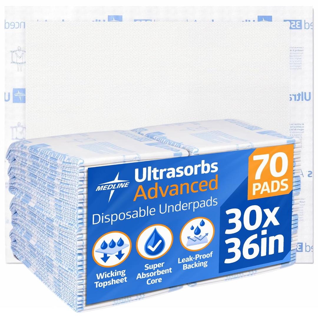 Medline Ultrasorbs Advanced Extra Strength Drypads, 30" x 36", 70 Count, Super Absorbent Disposable Pads, Incontinence Bed Pads, Chucks Bed Pads, Elderly, 350 lb Repositioning Capacity Medline Ultrasorbs Advanced Extra Strength Drypads, 30" x 36", 70 Count, Super Absorbent Disposable Pads, Incontinence Bed Pads, Chucks Bed Pads, Elderly, 350 lb Repositioning Capacity
