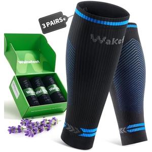 Wakefeet 3 Pairs Calf Compression Sleeve for Men and Women, Leg Compression Sleeve for Running, Hiking, Sports, XXL, Black/Blue 