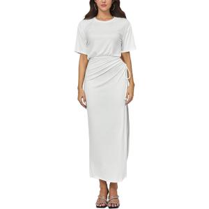 Yulaviniee Women's Summer Maxi Tshirt Dress Short Sleeve Crewneck Tie Waist Casual Slim Fit Slit Long Dresses
