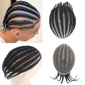 Cornrow Braids Afro Toupee Hair for Men 6'' Real Human Hair HD Lace Hair Pieces 1# Black Male Braiding Mens Wigs Realistic Systems Afro Box Braided 4mm Tight Black Man Unit 8X10''