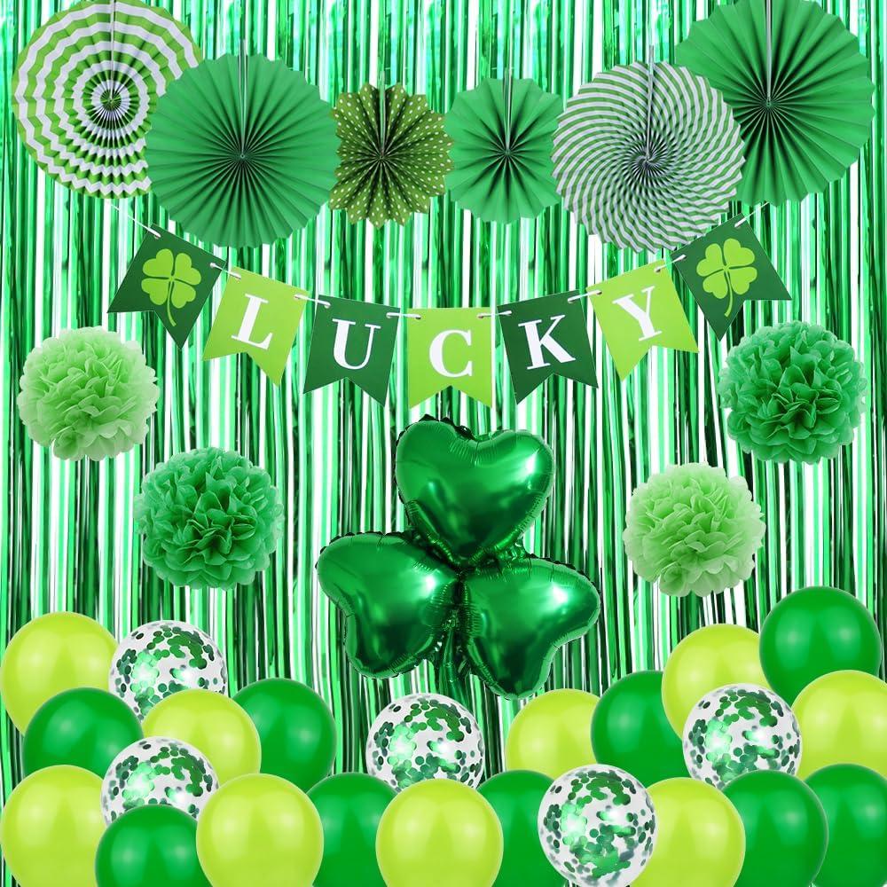 St Patrick's Day Decorations Kit, 37 Pcs Saint Patricks Day Shamrock Decorations Foil Fringe Curtains, Tissue Poms, Paper Fan, Lucky Banner, Foil Balloons Decor for Home Party Supplies