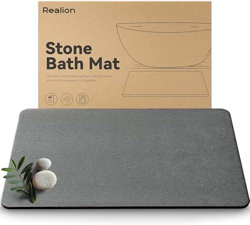 Realion Stone Bath Mat, Dries Quickly, Non-Slip Diatomaceous Earth Bath Mats for Bathroom, Super Absorbent Stone Shower Mat, Easy to Clean, 23.5" x 15.5" Dark Gray