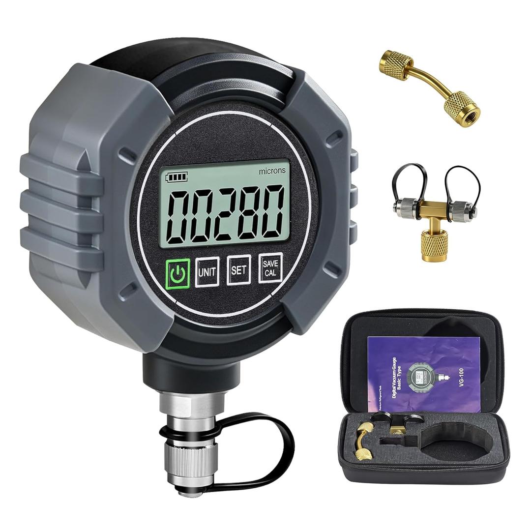 Digital Vacuum Gauge HVAC Micron Gauge Tester 0-75000 Microns, HVAC Vacuum Pressure Gauge with Audible Alarm, 7/16-20 UNF 1/4" SAE Port, Backlit LCD, T-Connector&Extension Adapter for AC Refrigeration