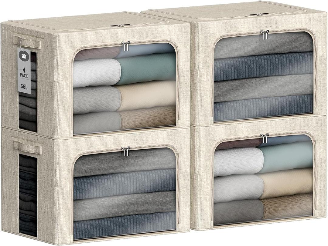 4 Pack Clothes Storage Bins with Metal Frame - 66L Stackable Storage Bins with LidsFoldable Storage Container Organizer for ClothesLinen Fabric Storage Box with Clear WindowZippersHandles (Beige)