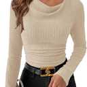 PRETTYGARDEN Women's Long Sleeve Cowl Neck Ribbed Knit Fall Shirts Slim Fit Ruched Going Out Crop Tops Basic T-Shirts (Khaki, Small)