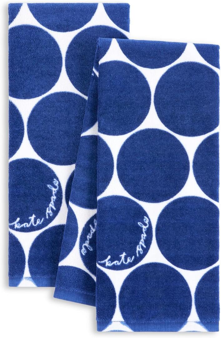 Kate Spade New York Joy Dot Kitchen Towels 2-Pack Set, Absorbent 100% Cotton Velour, Navy Blue/Cream, 17"x28"