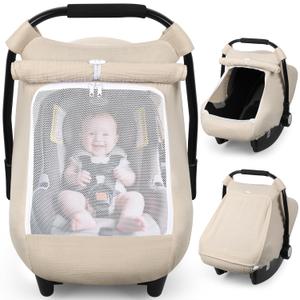 Rquite Car Seat Cover Baby, Carseat Covers Girl Boy, Breathable Muslin Cotton, Large Mesh Window, Infant Car Seat Canopy Baby Carrier Cover Stroller Sun Shade for Summer & Hot Day, Beige