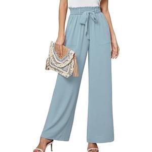 Heymoments Women's Wide Leg Lounge Pants with Pockets Lightweight High Waisted Adjustable Tie Knot Loose Trousers Light Blue, Small