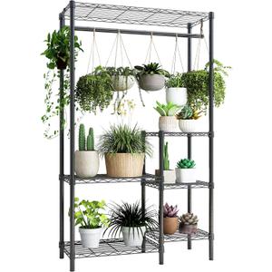 Xiofio Plant Stands for for Indoor Outdoor, Heavy Duty Metal Plant Stand,large Plant Shelf,Adjustable Plant Shelves With Hanging Rod for Living Room,Balcony,Garden,Black
