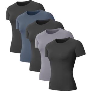 5-Pack Women's Compression Shirts Short Sleeve Workout Tops Athletic Baselayer Quick Dry Gym Yoga Running T-Shirt, Small