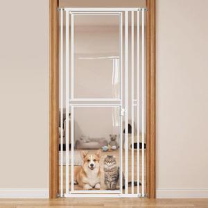 78.7" Extra Tall Cat Gate for Doorways, 27"-37" Wide Clear PC Pet Gate | Pressure Mounted Transparent Full Door Dog Gate with Auto Locking, for Stairs/Kitchen/Hallways/Laundry, No Drilling