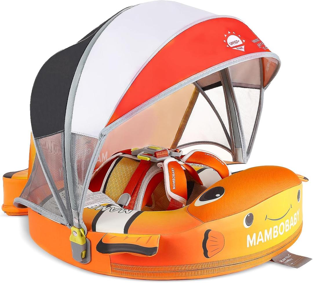 Mambobaby Baby Pool Float with Canopy, Non-Inflatable Infant Swim Float with Safe Seat and Tail Support for 24 Months, UPF 50+ Sun Protection