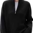 SUUKSESS Women Cashmere Oversized Quarter Zip Pullover Sweater Long Sleeve Collared Ribbed Knit Jumper Tops (X-Small, Black)