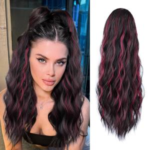 Ponytail Extension 22 Inch Black mixed Burgundy Long Wavy Drawstring Ponytail Extension for Women Synthetic Ponytail Hair Extension Clip in Hairpiece for Daily Use