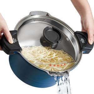 ACTIV CUISINE 5qt Pasta Pot with Strainer Lid, Cast Aluminum Stockpot Multipot, Nonstick Ceramic Coating make Cleanup easy with Tempered Glass Lid, Dishwasher Safe, Induction, Blue, 5 Quarts