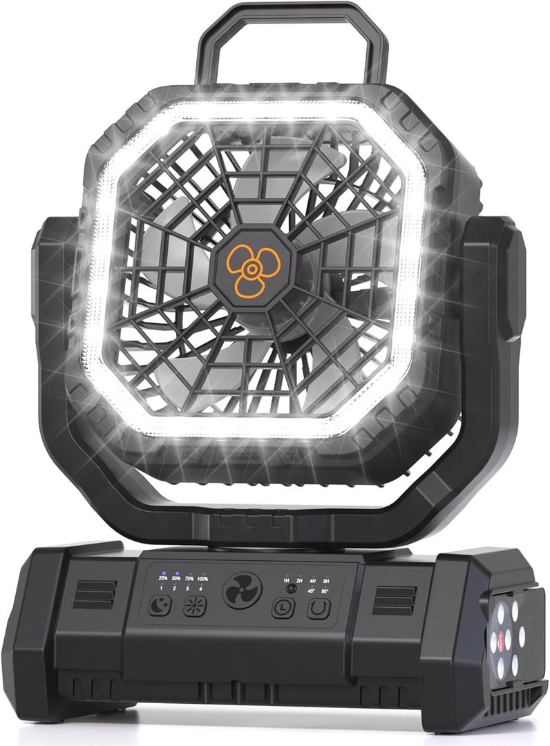 Portable Fan Rechargeable, 20000mAh Cordless Battery Powered Camping Fan with LED Light & Remote, 4 Speeds Wind, Timer, USB C, Hanging Hook, Oscillating Fans for Travel Tent, Camping Essentials