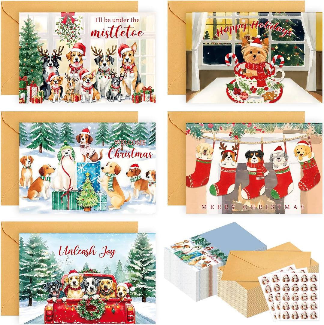 Motiskyy 50 Set Christmas Dog Greeting Cards with Envelopes and Stickers Bulk 4x6 in Blank Notes Cute Holiday Pet Thank You Gifts for Christmas Birthday Baby Shower Wedding Bridal Party Supplies