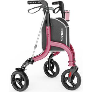 3 Wheel Walkers for Seniors, FSA/HSA Eligible Foldable Wheeled Rollator with Cane Hold and Cup Hold, Lightweight Three Wheel Rolling Walker Height Adjustable for Seniors (Red)