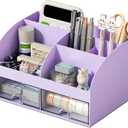 COMFYROOM Desk Organizer with 6 Compartments and 2 Drawers, Plastic Makeup Organizer, Pen Holder for Desktop Storage, Desk Organization for School, Home, Office Supplies (Purple)
