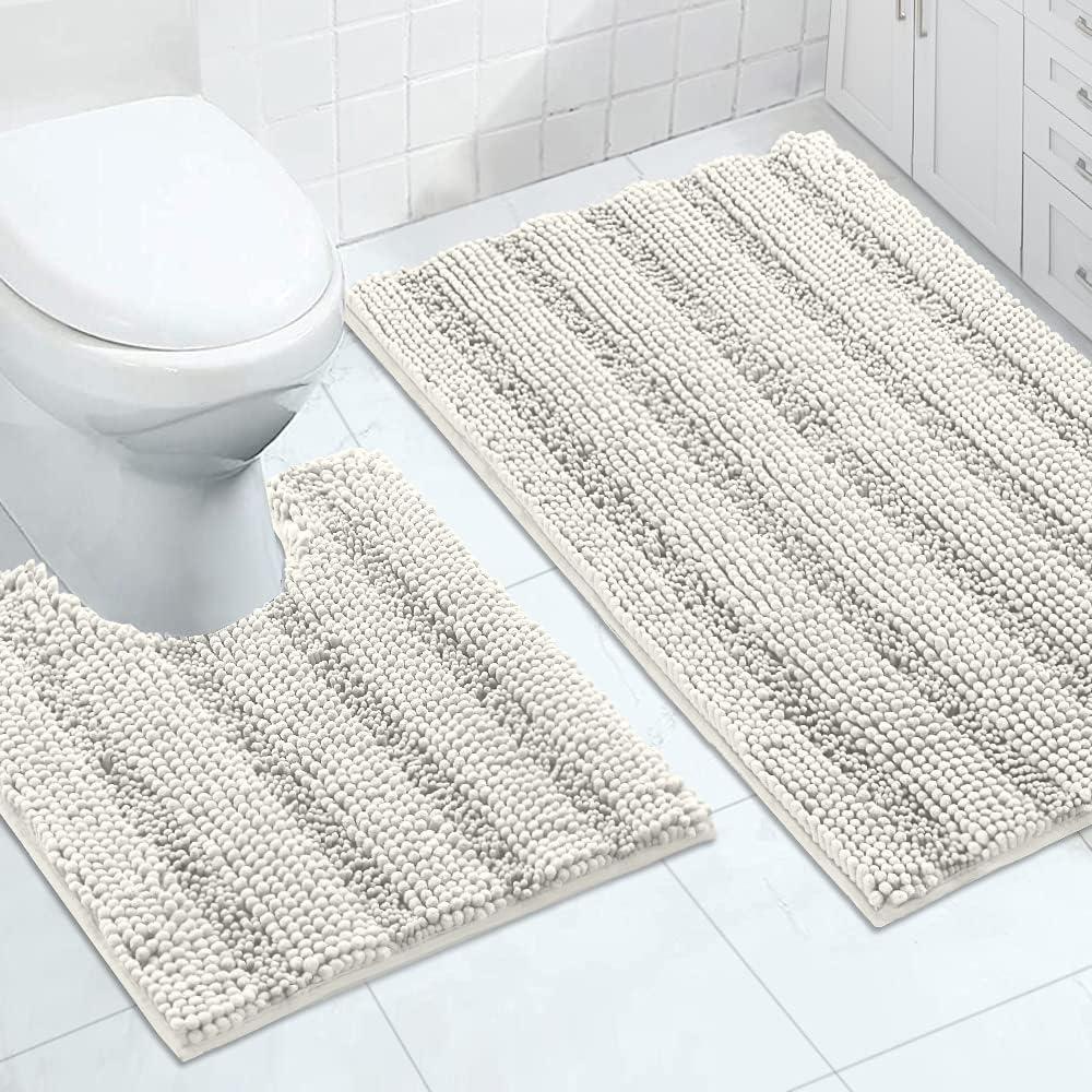 Turquoize Chenille Bathroom Rugs Set Non-Slip Bath Mats for Bathroom Super Absorbent Shaggy Rugs for Tub Shower Toilet Plush Bath Rug Plus U Contour Rug (Oversized: 24" x 36" and 20" x 24" U), Cream
