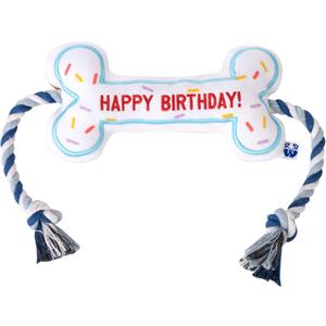 PAWTY Birthday Bone Dog Toy - Funny Interactive Tug Rope Squeaky Dog Birthday Gift - Plush White Bone Toy for Small Medium Dogs - Dog Birthday Party Supplies