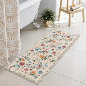 Uphome Bathroom Runner Rug, Boho Beige Long Bath Mat, Modern Plush Soft Machine Washable Bath Rug, Non-Slip Farmhouse Botanical Floor Carpet for Entryway Bathroom Bedroom, 18x47 inch