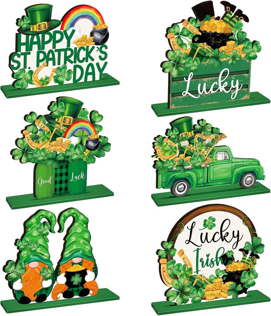 CroBlissful 6 Pcs St. Patrick's Day Table Decorations Wooden Irish Table Centerpieces Patrick's Day Clover Car Gnome Table Signs Patrick Decorations for Home Tiered Tray Decor