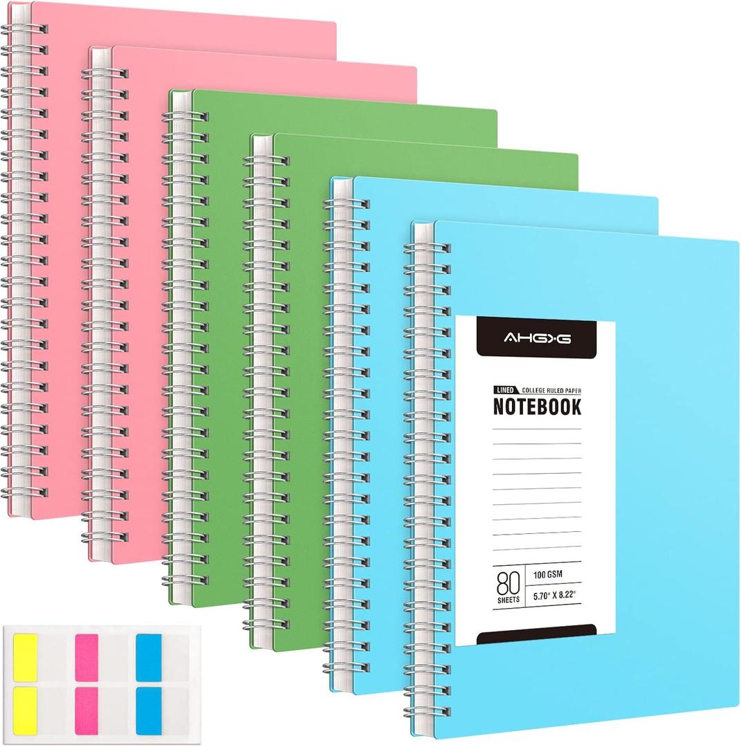 AHGXG Spiral Notebook 6 Pack - A5 Small Spiral Notebooks for Work, 5.7" x 8.22", 100GSM Thick College Ruled Paper, 160 Pages Spiral Journals for Women Men School Supplies, Pink Green Blue