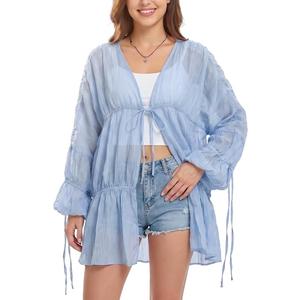 Womens Swimsuit Coverup Flowy Ruched Bell Sleeve Beach Cover Up Tops Summer Casual Long Chiffon Front Tie Cardigan Small