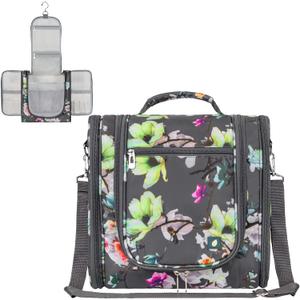 PAVILIA Extra Large Toiletry Bag Travel Bag for Women Men, Hanging Cosmetic Organizer, Water Resistant Makeup Bag for Accessories Toiletries, Travel Essentials Kit (Floral black)