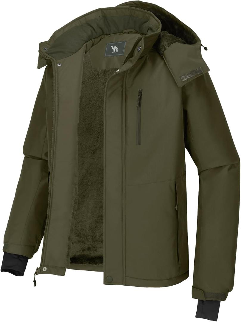 CAMEL CROWN Men's Mountain Snow Waterproof Ski Jacket Detachable Hood Windproof Fleece Parka Rain Jacket Winter Coat,XL