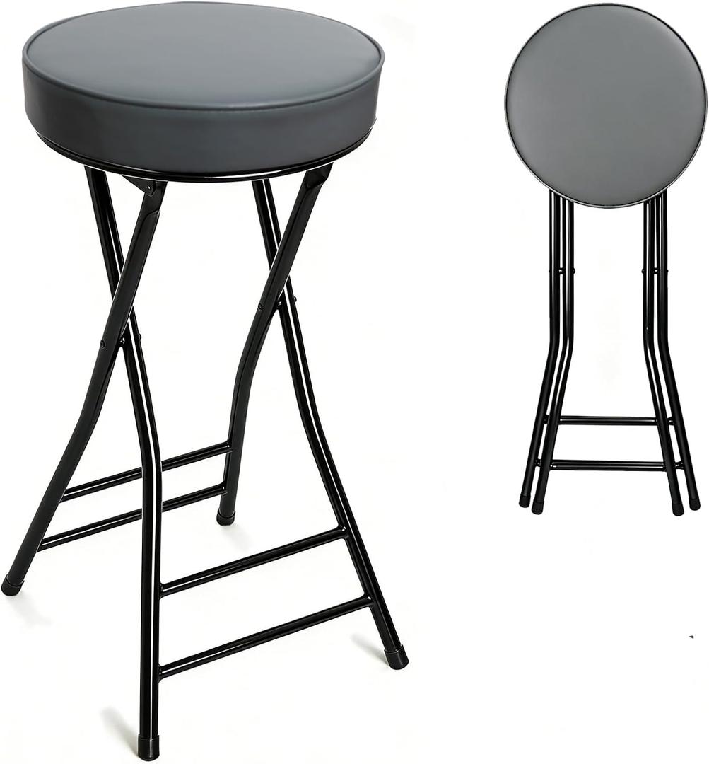 Folding Bar Stool,24 Inch Tall Foldable Stool Chair,Counter Height Cushioned Leather Padded Portable Stools,Heavy Duty Collapsible Stools for Kitchen Island Garden Camping Grey