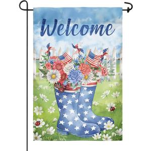 Welcome Garden Flag 12x18 Double sided Patriotic Garden Decoration | Vivid double-sided patriotic garden flag with star rain boots & daisies. Waterproof polyester, 12x18in, fits all poles.