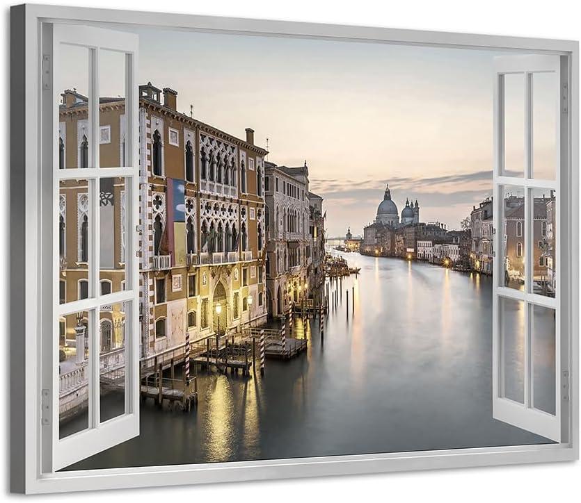 Italy Cityscape Canvas Wall Art: Venice Water City Picture Fake Window Port Town Prints Artwork for Living Room Bedroom Bathroom 16"L x 11"W