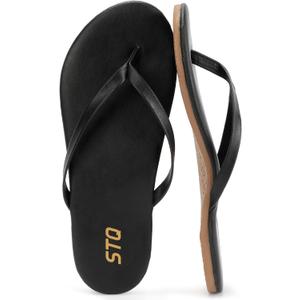 STQ Flip Flops for Women with Arch Support Summer Comfortable Leather Orthopedic Flat Thong Sandals 2026 Travel Cruise Beach Vocation Essentials Resort Wear Black Size 10