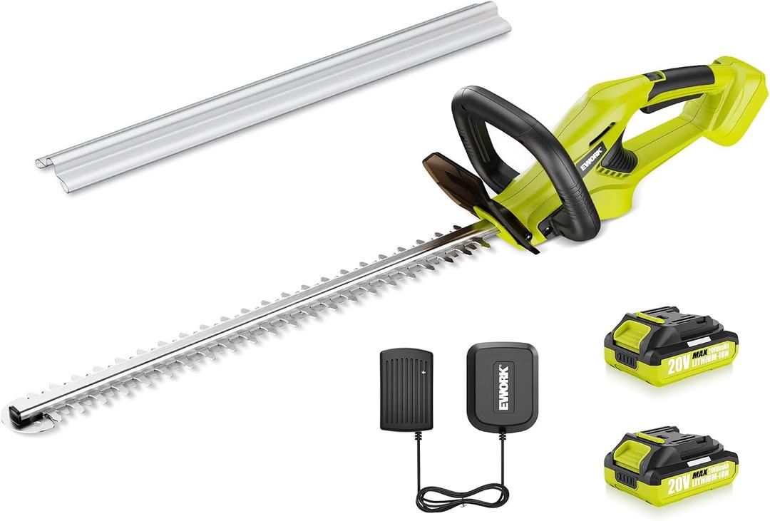 EWORK 22-Inch Cordless Hedge Trimmer, 20V Battery Powered Bush Trimmer, Lightweight Handheld Shrub Trimmer with 2 Batteries and Charger, 5/8-Inch Cutting Capacity for Garden, Yard (Green)