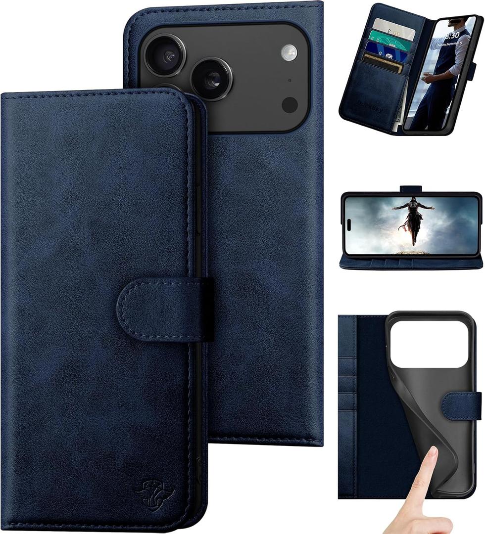 DuckSky Compatible with iPhone 17 Pro Max 6.9" Genuine Leather Wallet case【RFID Blocking】【4 Credit Card Holder】【Real Leather】 Flip Phone case Cover Women Men for Apple 17 Pro Max case Dark Blue