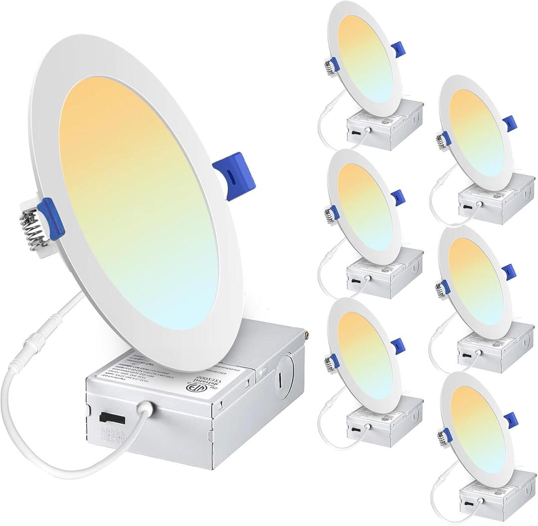 Recessed Lighting 6 inch 6 Pack 5CCT LED Recessed Ceiling Light with Junction Box 2700K-5000K Selectable 12W 110W Eqv - Ultra-Thin Dimmable Canless Downlight 1050LM High Brightness