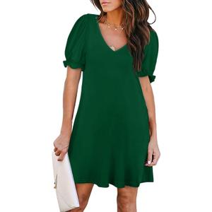 Aloodor Women's Casual Dresses Short Sleeve V-Neck Dress with Pockets (Large)
