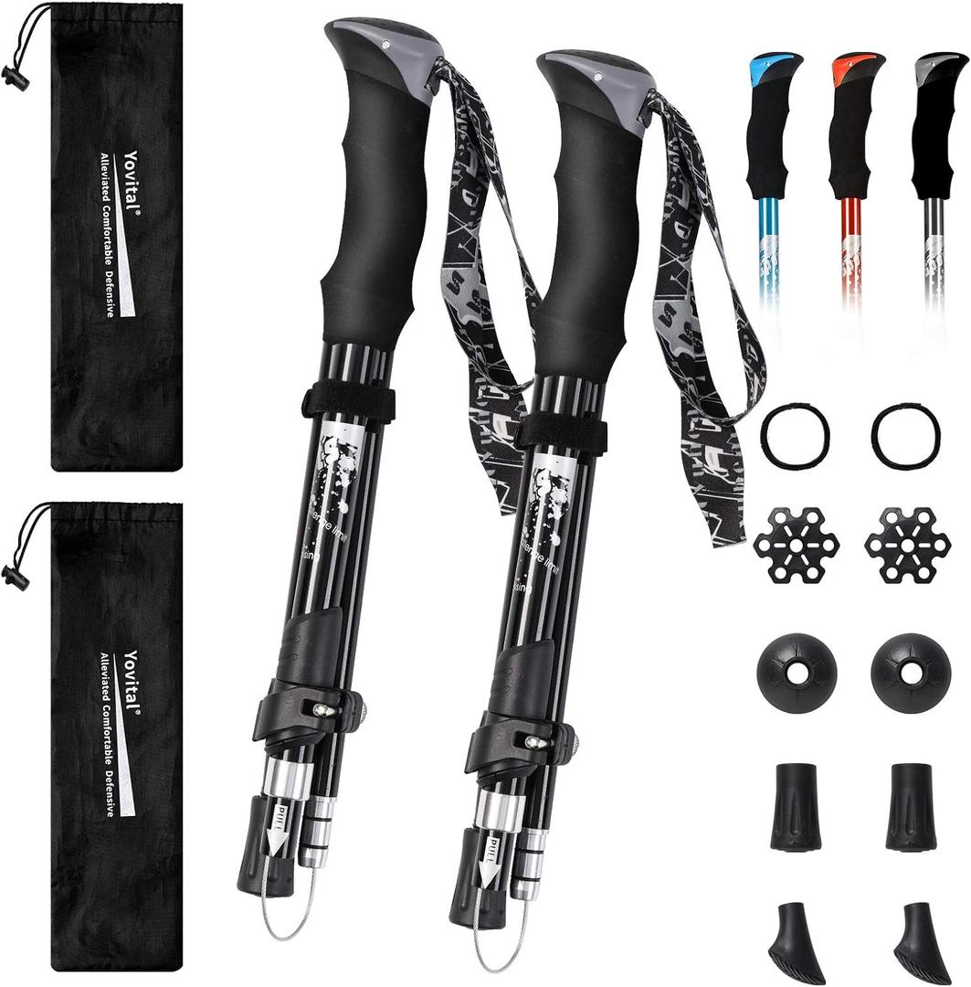 Yovital Trekking Poles - Aluminum 7075 Adjustable Walking Sticks with Quick Locks, Expandable to 53", Ultralight for Hiking, Camping, Mountains (Set of 2) (Black)