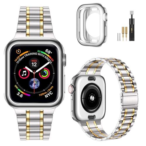 MioHHR Solid Stainless Steel Band Compatible with Apple Watch 46mm (Series 11 10), Metal Strap with Soft TPU Case for iWatch Series 11/10 46mm Women and Men, Silver/Gold