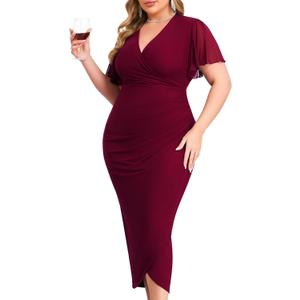ZOMVA Plus Size Bodycon Formal Dress Sparkly V-Neck Wrap Midi Ruffle Sleeves Cocktail Prom Glitter Wedding Guest Dress (3X-Large Plus, Soft Mesh, Burgundy) ZOMVA Plus Size Bodycon Formal Dress Sparkly V-Neck Wrap Midi Ruffle Sleeves Cocktail Prom Glitter Wedding Guest Dress (3X-Large Plus, Soft Mesh, Burgundy)