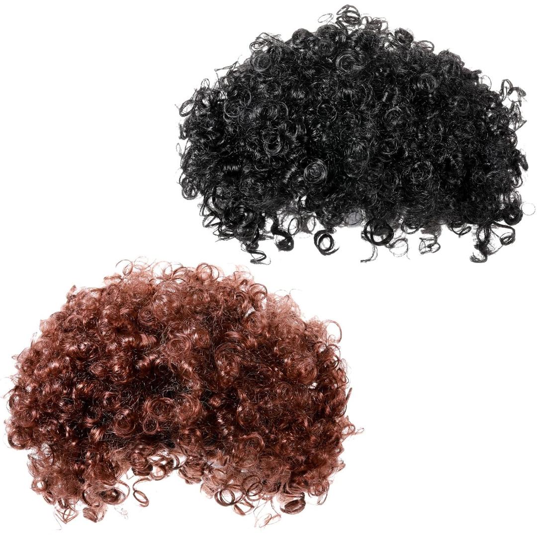 2 Pcs Afro Wig Short Curly Rocker Party Afro Wig 70s 80s Synthetic Fluffy Cosplay Fancy Funny Wigs for Men Women (Black, Brown)
